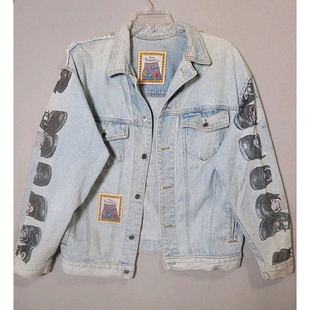 Vtg Gino Venucci Denim Jacket Mens XL Blue Patchwork 80s Streetwear Made In USA
